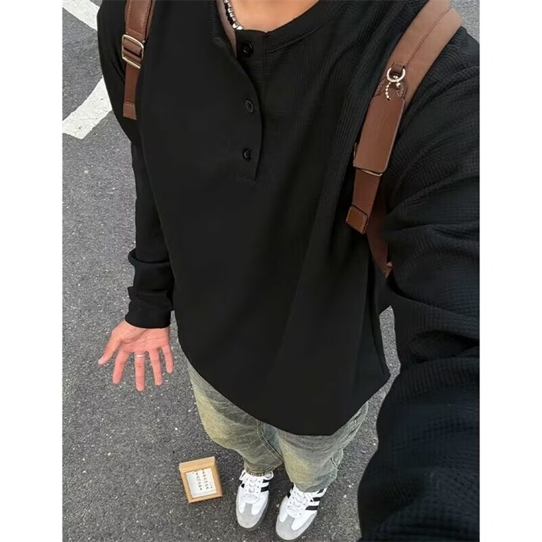 亨利领无帽卫衣男春秋季美式复古慵懒风宽松内搭休闲运动长袖T恤,男装T恤,星座1008