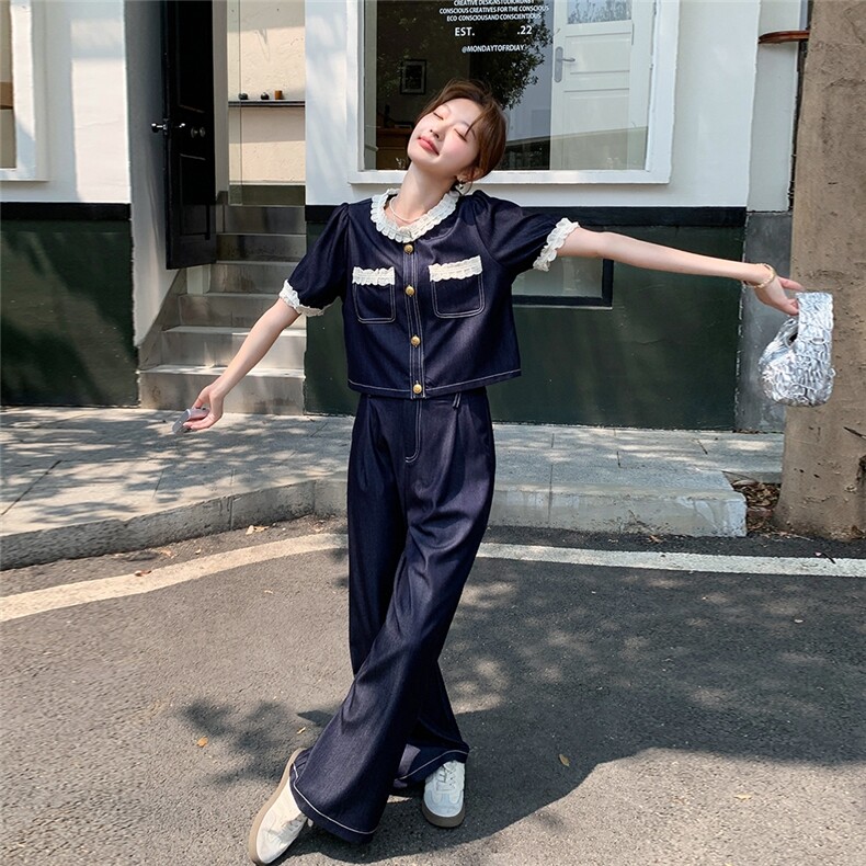 小香风蕾丝拼接天丝牛仔套装裤女夏盐系时尚上衣高腰阔腿裤两件套,女装套装/套裙,2C129