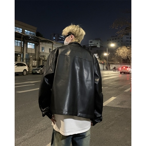 黑色短款PU皮衣外套男款春秋季设计感痞帅夹克美式复古翻领机车服图片