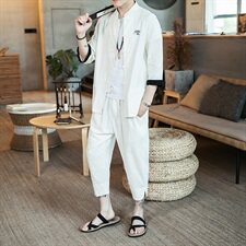 夏季新款中国风大码套装男装亚麻七分袖衬衫宽松休闲裤TZ073/P100，男装套装，电商A008