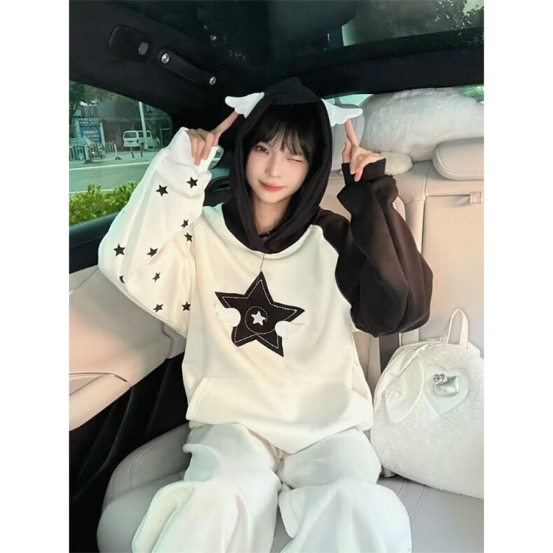 有货。星星刺绣连帽卫衣男女春秋拼接外套上衣WB636-P51,女装短外套,星座412-3