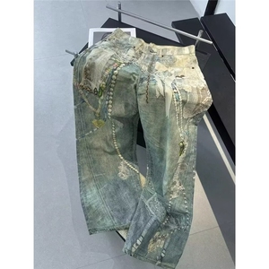 H202-P53 2025美式高街复古数码印花牛仔裤男女链条图片