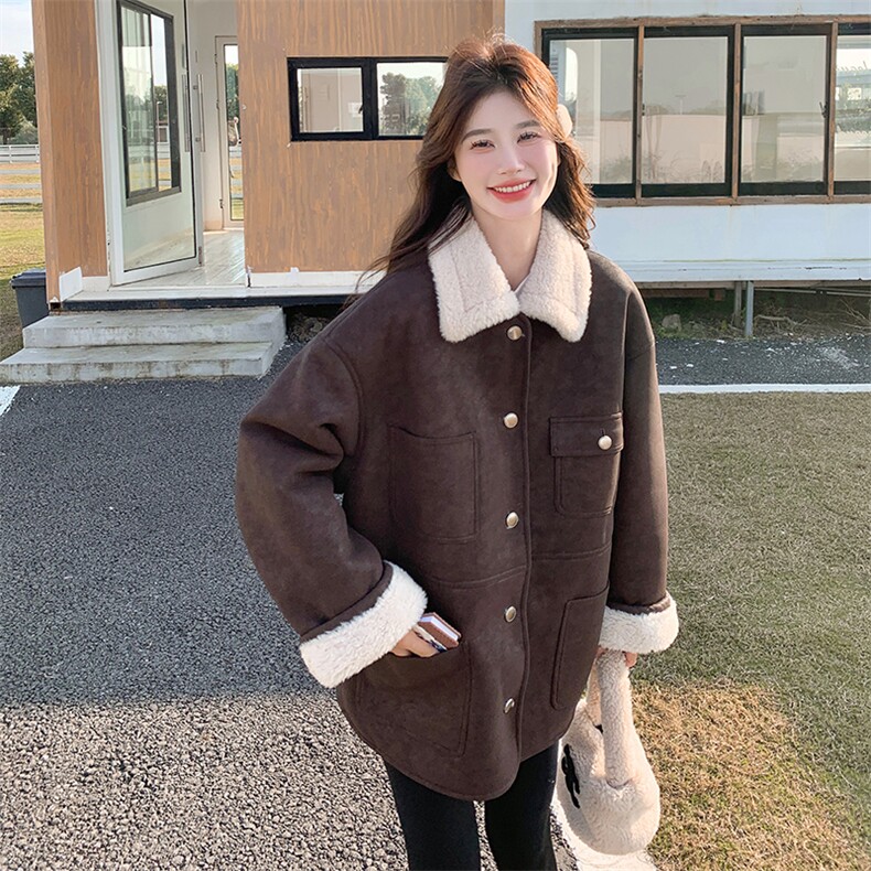 咖色美拉德皮毛一体外套女秋冬2025新款韩版宽松加绒加厚翻领棉服,女装短外套,2C153