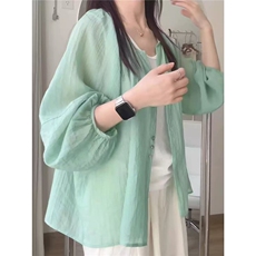 多巴胺绿色防晒衬衫女夏季薄款宽松遮肉圆领衬衣外穿开衫上衣，男装防晒衣，星座506A