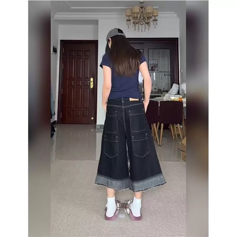 美式复古设计感毛边牛仔七分短裤女潮牌痞帅宽松阔腿直筒中裤,男装牛仔裤,星座1210-1