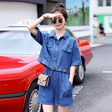 牛仔套装女夏季薄款2024年新款洋气时尚小个子高腰显瘦短裤两件套，女装套装/套裙，瑶迪依秀