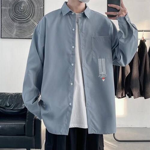 男士简约春季新款翻领纯色休闲日系青年衬衣C902P30