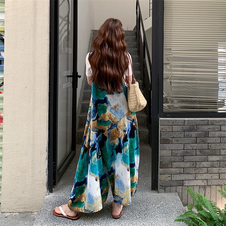 文艺风油画印花阔腿背带裤女2025夏季新款气质慵懒风休闲显瘦裤子,女装连体裤,2C285