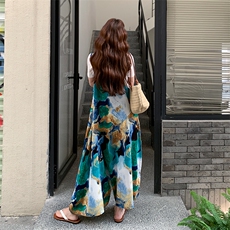 文艺风油画印花阔腿背带裤女2025夏季新款气质慵懒风休闲显瘦裤子，女装连体裤，2C285
