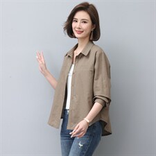 时尚休闲气质宽松棉麻衬衣女长袖百搭显瘦上衣新款韩版简约外套，女装衬衫，依恋蒂丝