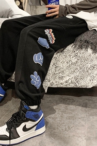港风2023秋冬新款个性撞色印花束脚运动休闲潮牌裤子2121-45控69图片