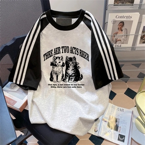 夏季美式高街重磅纯棉三条杠织带插肩撞色男女短袖T恤 CZ73-特P25图片