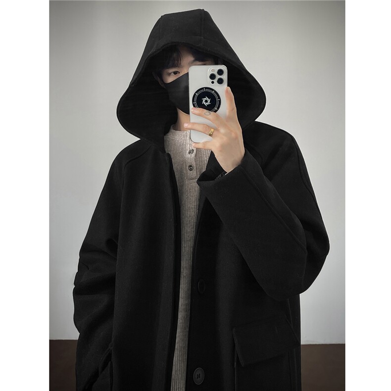 冬季新品潮流休闲连帽长款过膝毛呢大衣宽松落肩情侣风衣加厚外套，男装风衣，电商A430（原星座702）