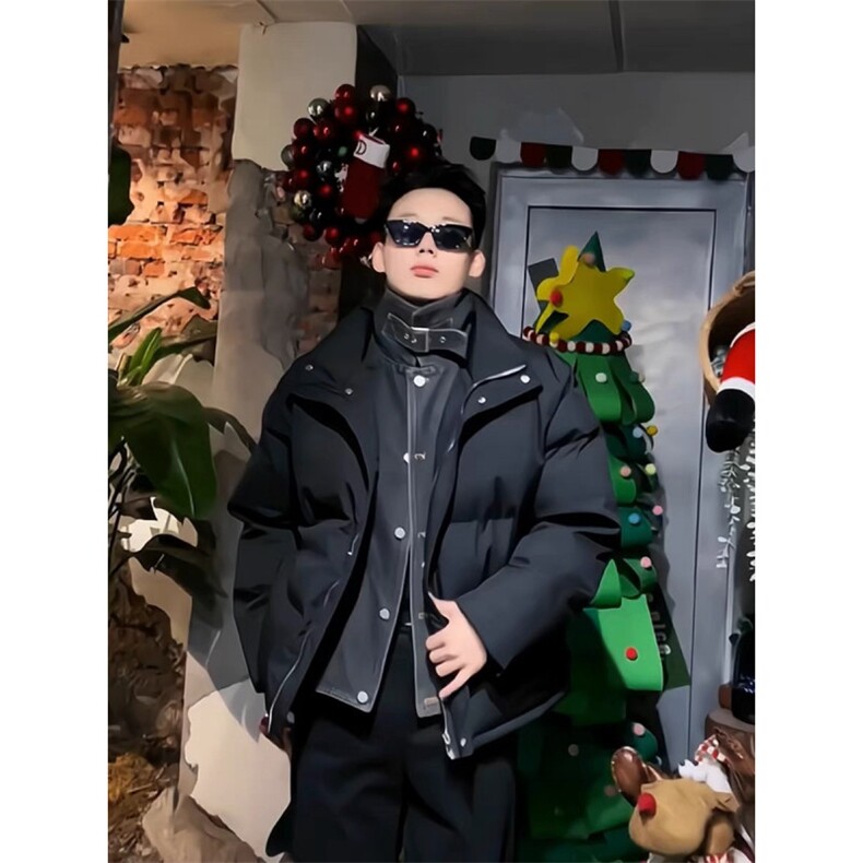 假两件牛仔拼接羽绒棉服男款冬季加厚短款工装棉衣设计感小众外套图片
