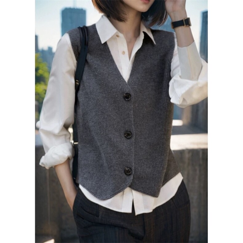 2025年秋季时尚百搭通勤休闲马甲V领，女装马甲，朝辰羊绒