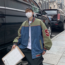 秋冬美式复古水洗牛仔拼接棒球服夹克男宽松休闲外套JK08527-P72，男装夹克，星座308B-1