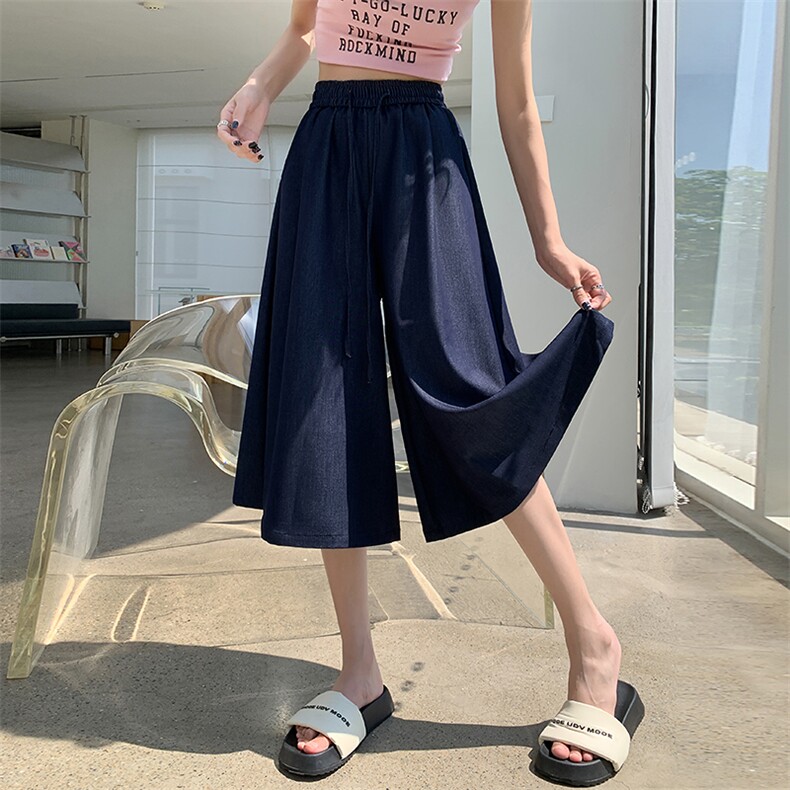 天丝牛仔裤女夏季薄款松紧腰宽松七分裤裙小个子垂感阔腿裤，女装牛仔裤，梦白服饰厂