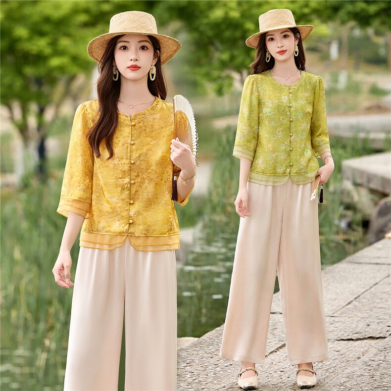钉珠印花优雅套装女2026夏季新款复古气质宽松阔腿裤两件套，女装套装/套裙，衣之秀