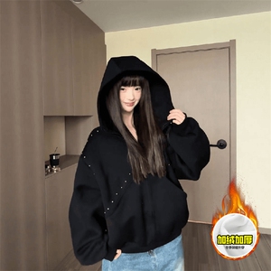 480G重磅加绒硬挺boxy 男女秋冬美式高街卫衣铆钉拼接开衫厚外套图片