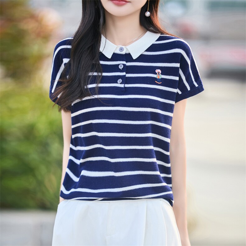 POLO领精纺羊毛针织短袖T恤女拼色条纹刺绣小熊上衣宽松半袖打底,针织衫/毛衣,大美人高端店