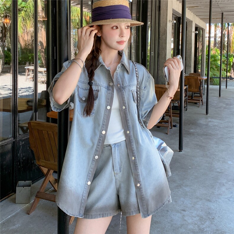韩版甜酷牛仔套装女2025夏季新款绝美休闲洒脱随性衬衫短裤两件套,女装套装/套裙,2C159
