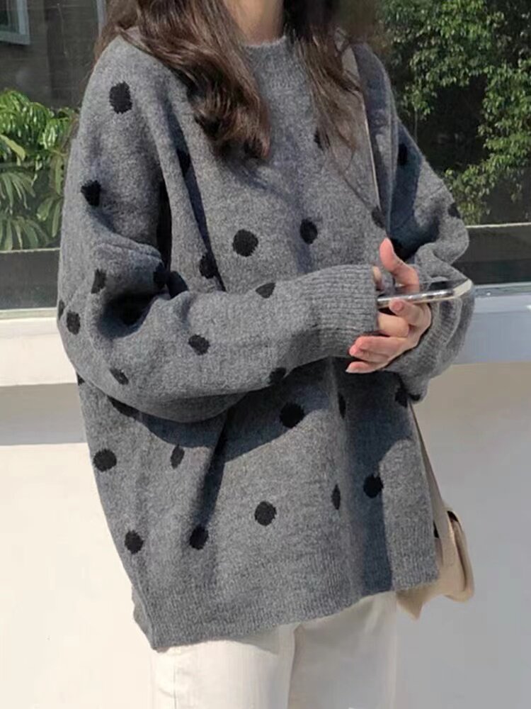 时尚百搭波点针织衫温柔显瘦加厚保暖圆领毛衣,针织衫/毛衣,圣旺供货