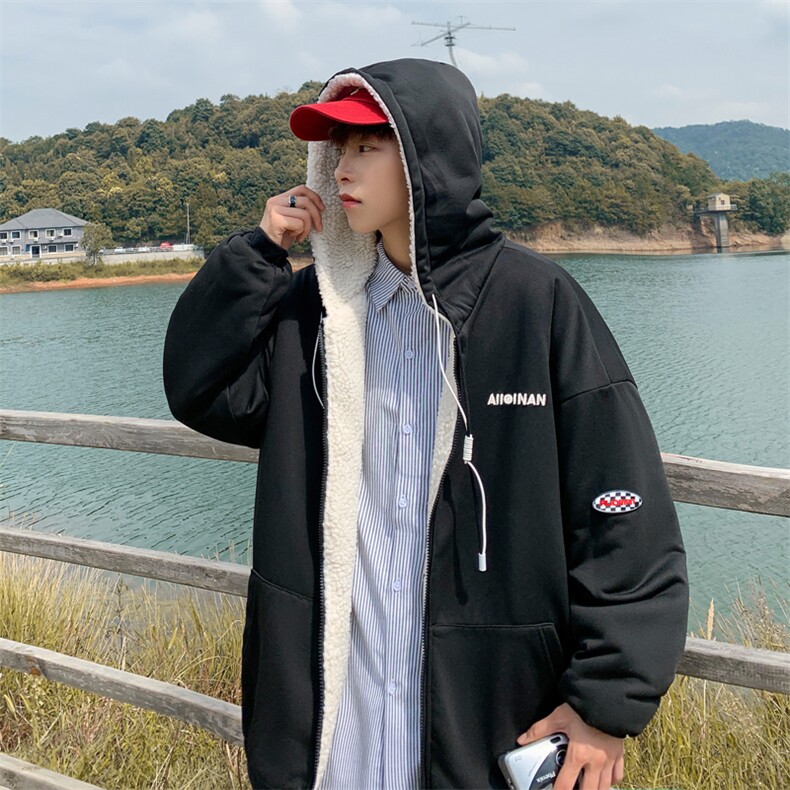 冬季新款羊羔毛连帽棉服外套潮流加绒加厚开衫棉衣,男装棉衣,星座410-6（原星座1304-1）