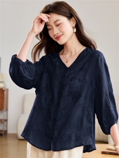 2026春秋季苎麻时尚简约大方气质优雅刺绣休闲透气衬衫，女装衬衫，独衣靓