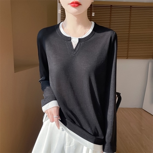 长袖针织打底衫女新薄款宽松上衣POLO领图片
