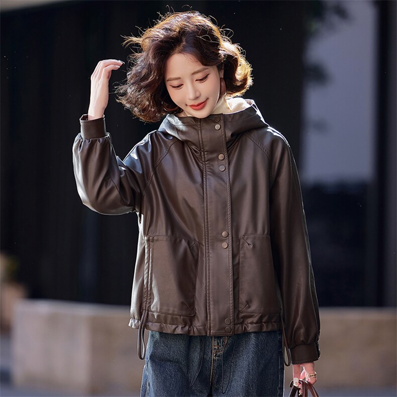 皮衣外套女冬季加绒加厚2025新款小个子高级感女士pu皮棉服夹克,女装皮衣,简古