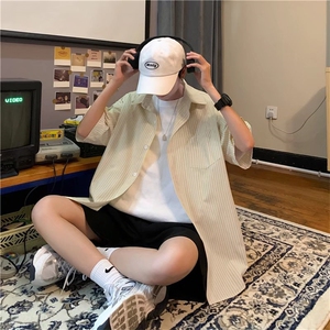 盐系衬衫雾霾蓝港风条纹短袖衬衣男夏季宽松百搭慵懒风五分袖外套图片