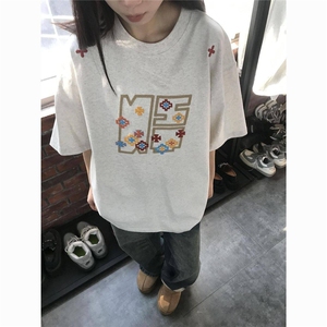 美式高街刺绣情侣灰色正肩夏季潮牌宽松慵懒风纯棉短袖t恤女上衣图片
