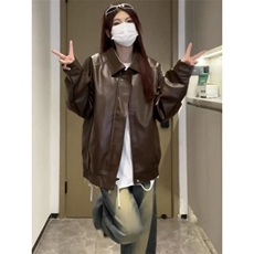 秋季新款PU皮纯色嘻哈外套上衣ins美式复古机车风皮夹克男女帅气，男装皮衣，星座506A