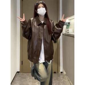 秋季新款PU皮纯色嘻哈外套上衣ins美式复古机车风皮夹克男女帅气图片
