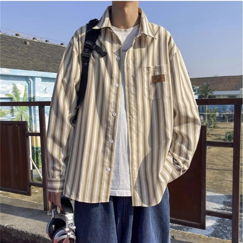 日系cityboy条纹翻领衬衫男秋冬宽松百搭青少年衬衣潮牌bf风外套,男装衬衫,星座1210-1