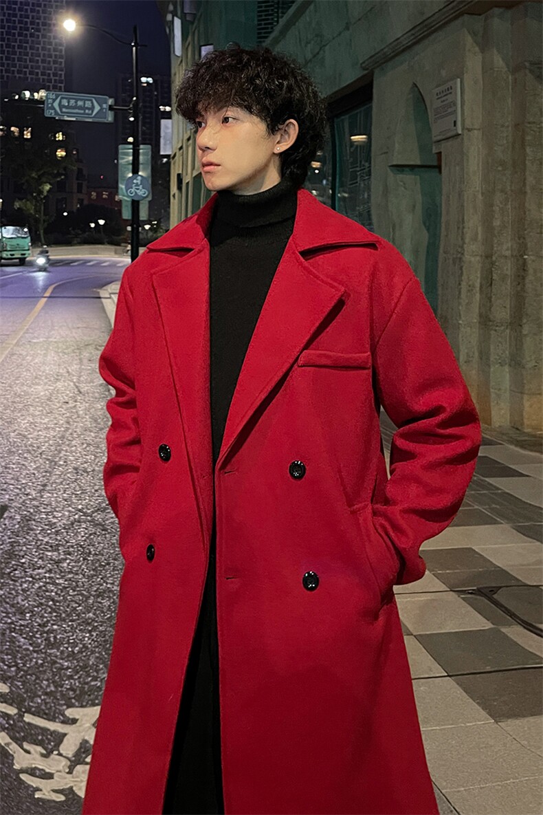 秋冬新款毛呢大衣男潮酒红大码风衣外套宽松MN9571/P100加棉P110,男装风衣,电商B316
