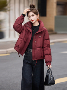短款羽绒服女2024冬季新款小个子欧货宽松洋气红色加厚立领面包服图片