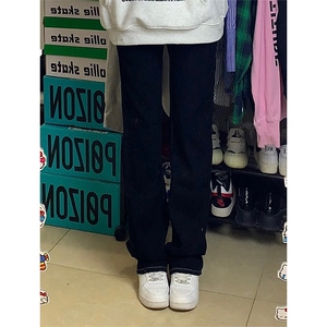 博主图复古黑色牛仔裤男秋冬微喇叭cleanfit裤子KZA35-P53图片