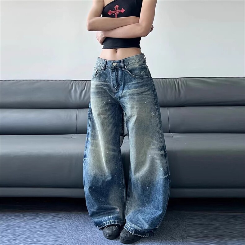 美式复古高街水洗泼墨弯刀牛仔裤男女宽松阔腿拖地裤W4041_P50,男装牛仔裤,星座1112-1