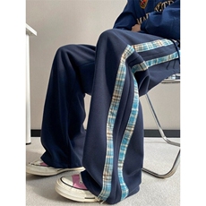 2025新款侧边拼接格纹灰色卫裤男女春秋季大码男生直筒休闲长裤子，男装休闲裤，星座506A