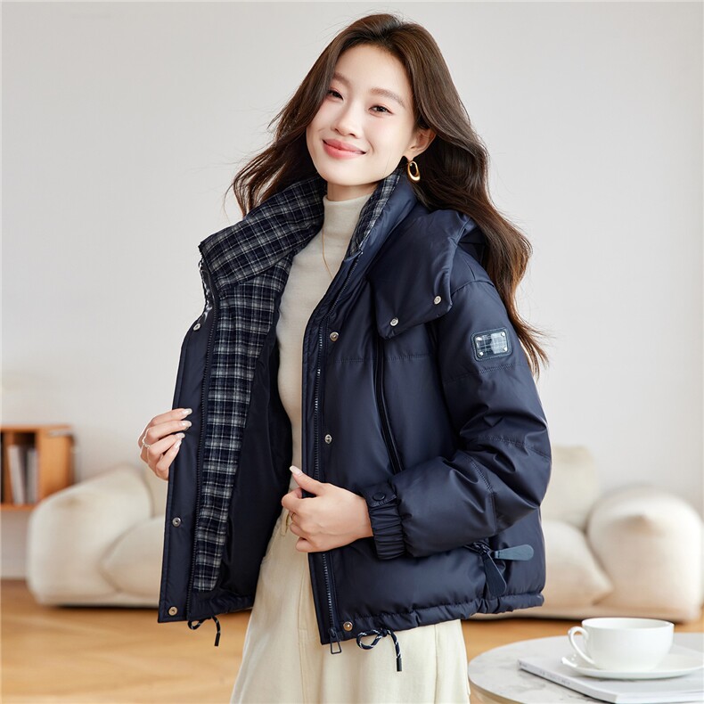 现货！免洗PU皮羽绒服女2025冬季新款小个子时尚格子拼接外套,女装羽绒服,沐七七