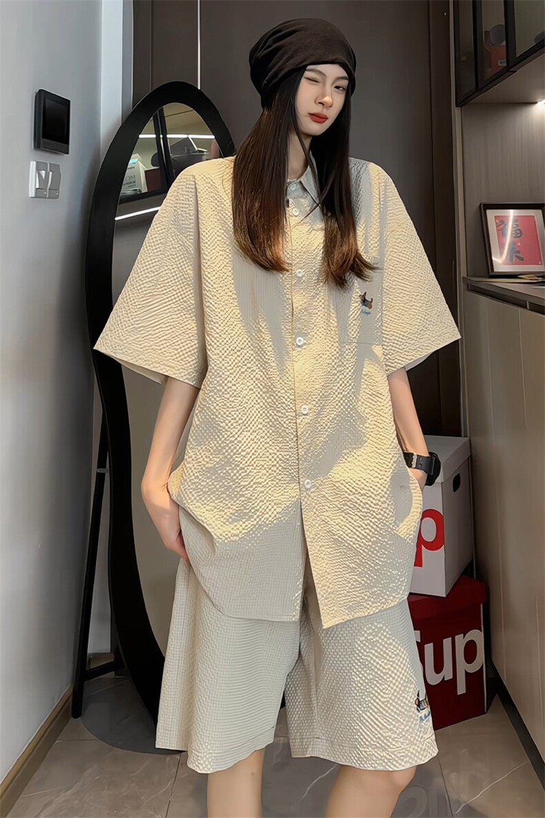 特批P39无差价夏季港风透气泡泡纱刺绣腊肠狗两件套CD5483+DK5863,男装休闲套装,电商A001-1