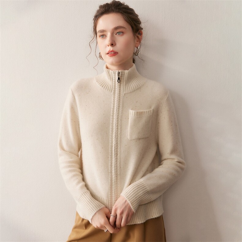 双拉链带兜山羊绒开衫女针织毛衣纯色羊毛上衣秋季新款高级感外套，女装针织衫/毛衣，朵沐纯羊绒