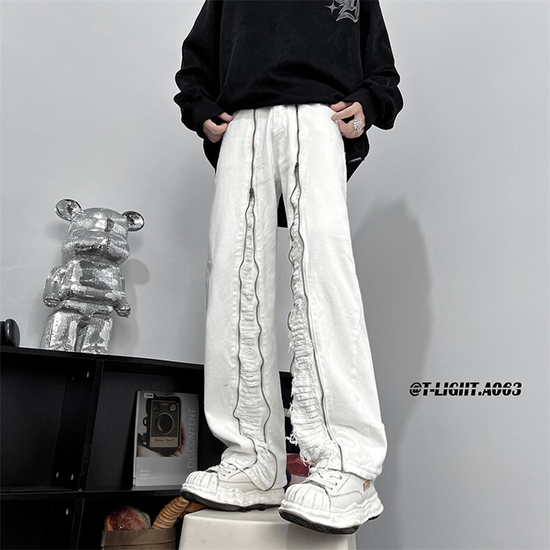 美式ins高街hiphop毛须小众拉链休闲牛仔长裤货号K2309P65控88图片