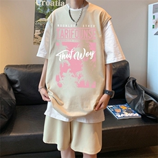 直播品质美式宽松纯棉背心无袖t恤短裤大码两件套套装TZ90-P58，男装T恤，电商A486