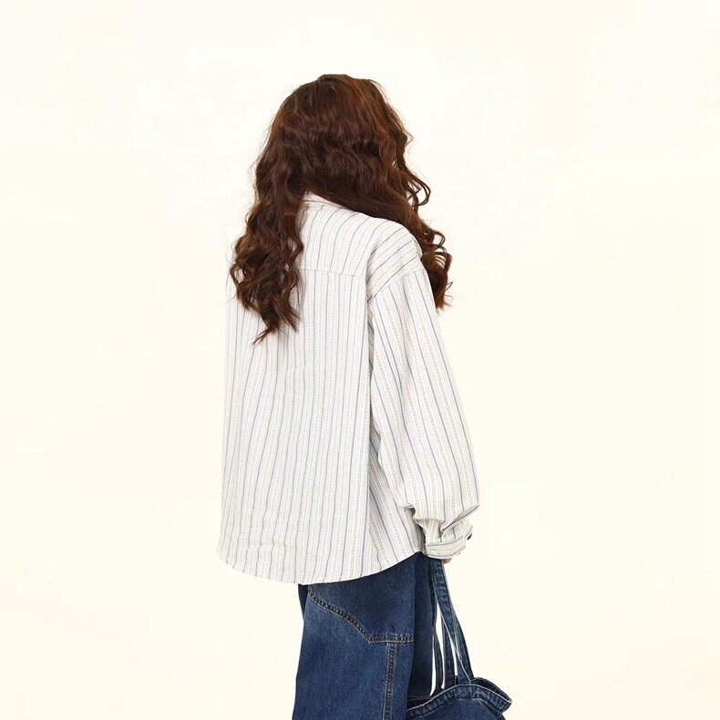 野生阿子文艺感刺绣个性美式复古条纹长袖衬衫女秋季宽松百搭衬衣,男装衬衫,星座218-8