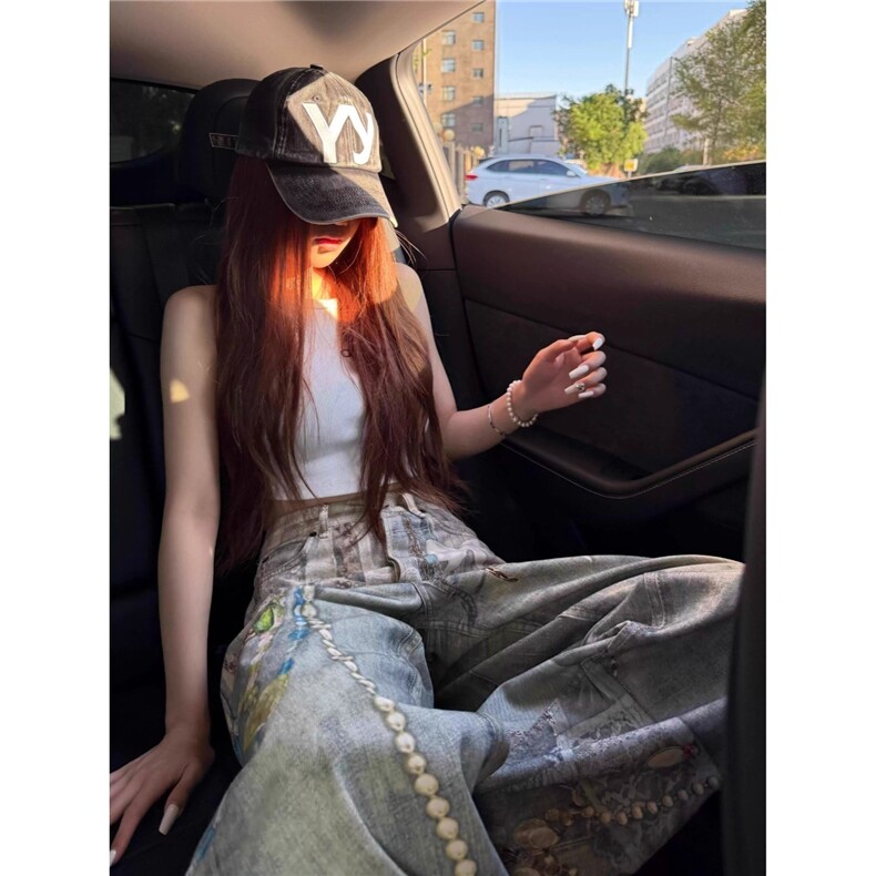 美式高街水洗重工设计感印花蕾丝珍珠炼条直筒牛仔裤,男装牛仔裤,星座1210-1