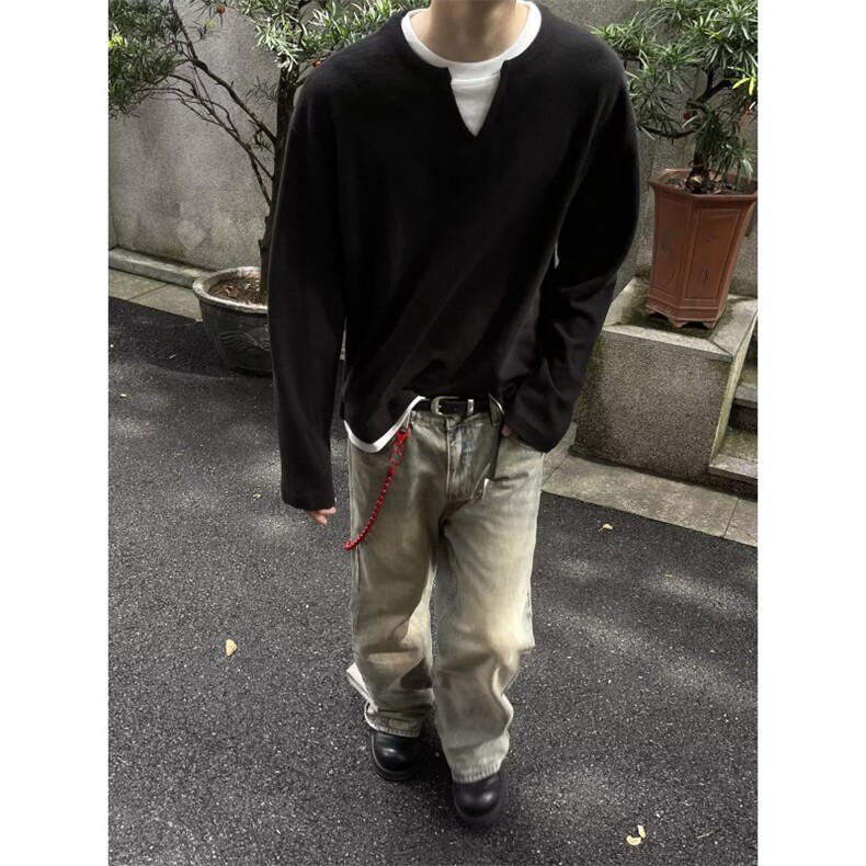 DK708-P40简约假两件拼接长袖男女设计感宽松情侣上衣-网图现货,男装T恤,星座603-2