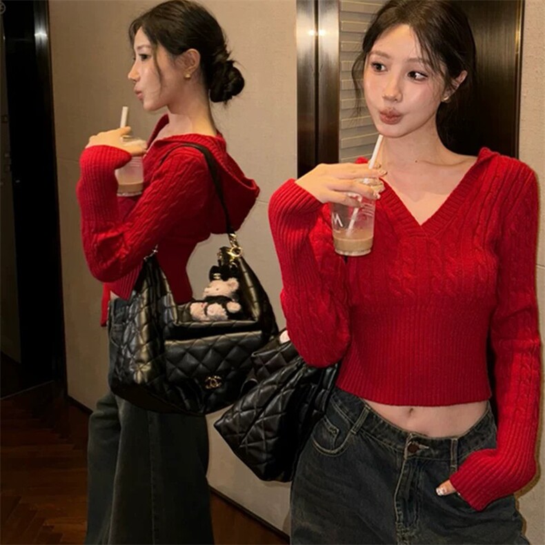 2025秋冬百搭时尚v领连帽修身针织衫，女装针织衫/毛衣，秀阁羊绒