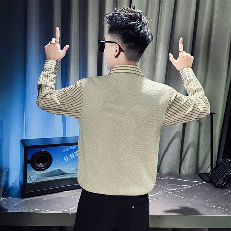 CM8803-P88控128秋冬季假两件毛衣男潮流条纹衬衫领拼接V领针织衫,男装针织衫/毛衣,电商A368